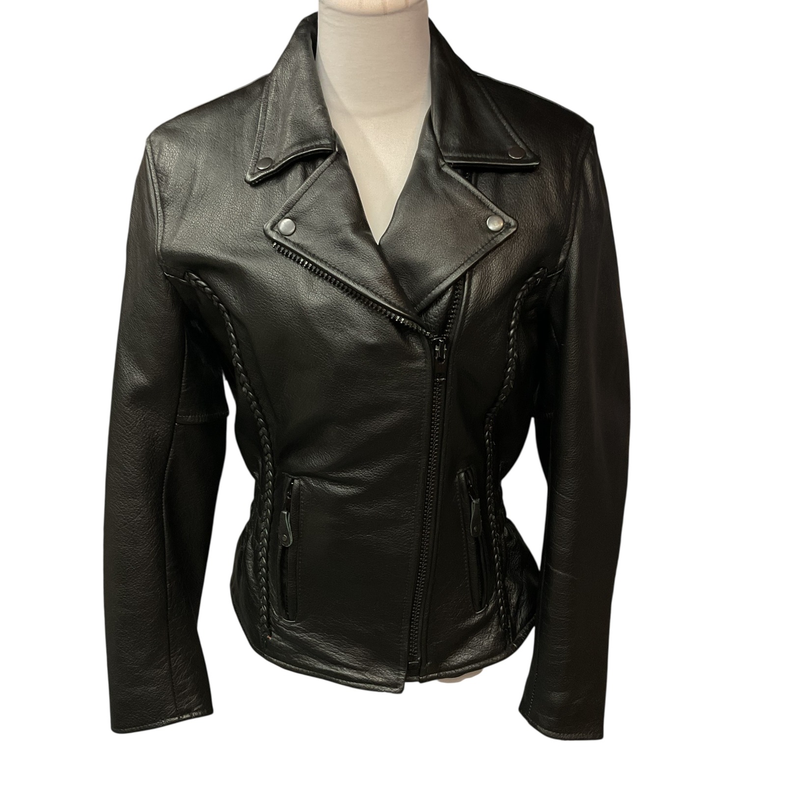 Leather King Braided Detail Sexy Fitted Black Leather Motorcycle Jacket Size S